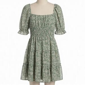 Francesca's Sage Green Floral Smocked Tiered Mini Dress XL NWT